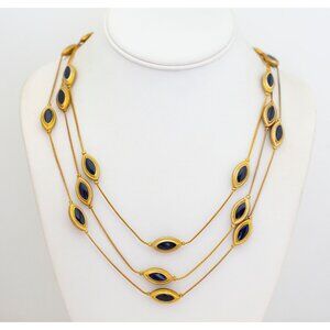 21 inch, Vintage Gold Tone Black Oval Eye-shaped Beads Multi Strand Necklace G1